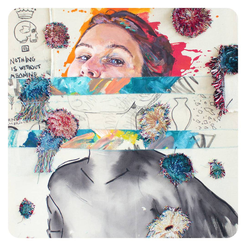 Mixed media artworks combining paint, fabric, paper, and found objects creating textured artistic composition